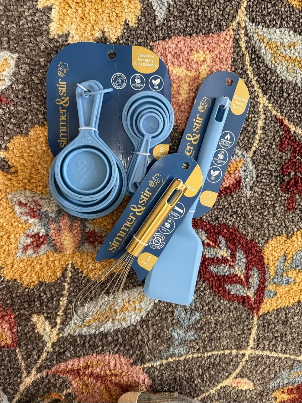 New Kitchen Essentials - Blue Silicone Measuring Cups, Spoons Whisk & Spatula